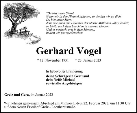 Traueranzeigen Von Gerhard Vogel Trauer In Thueringen De