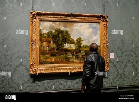 Man looking at painting by John Constable, The Hay Wain, National ...