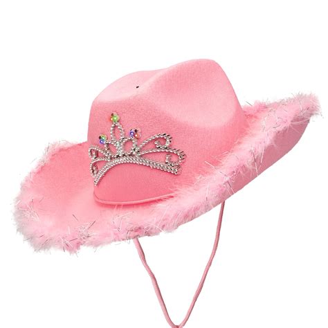 Pink Light Up Cowboy Hat With Tiara And Feathers Pink Cowgirl Hat With