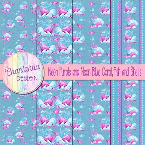 Neon Purple And Neon Blue Coral Fish And Shells Digital Papers