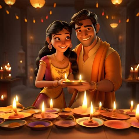 Premium AI Image 3d Character Couple Celebrating Diwali And Karwa Chauth