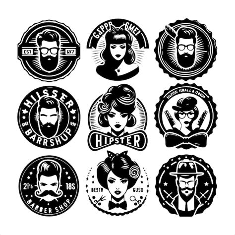 Hipster Barber Shop Vintage Logo Badge Beard Scissors Razor Curly Beard