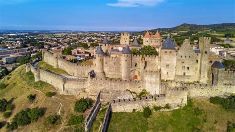 Aerial Top View of Carcassonne Medieval City and Fortress Castle from ...