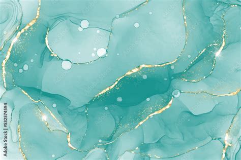 Pastel Cyan Mint Liquid Marble Watercolor Background With Gold Lines