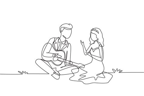 Single One Line Drawing Happy Married Couple Of Lovers Has Sitting On