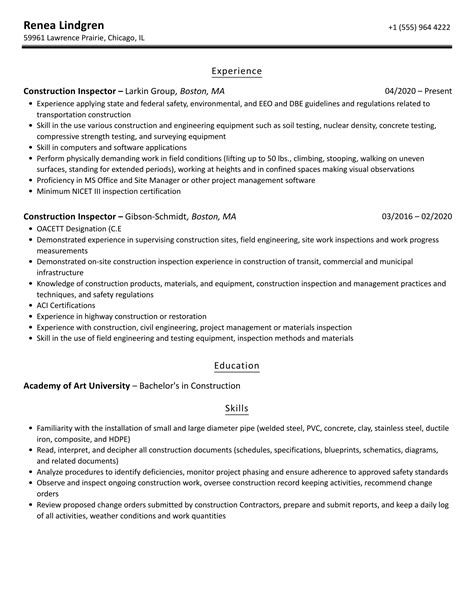 Construction Inspector Resume Samples Velvet Jobs