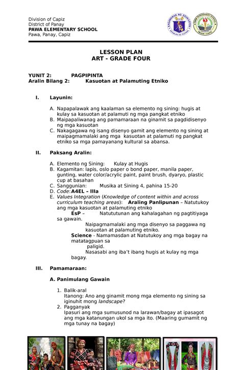 Lesson Plan Cot1 Kasuotan At Palamuting Etniko Apple District Of Panay Pawa Elementary School