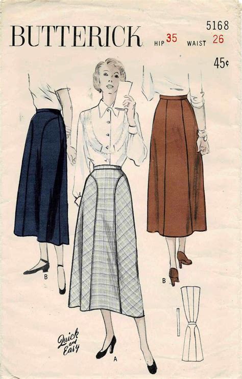 1950s Misses Graceful Six Gore Skirt Butterick 5168 Vintage Sewing