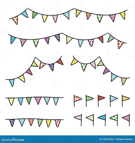 Vector Drawing Doodle Colorful Bunting Flag Triangle Set Stock Vector