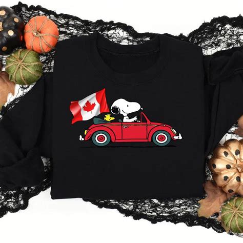 Snoopy Driving Car Woodstock Canada Flag T Shirt