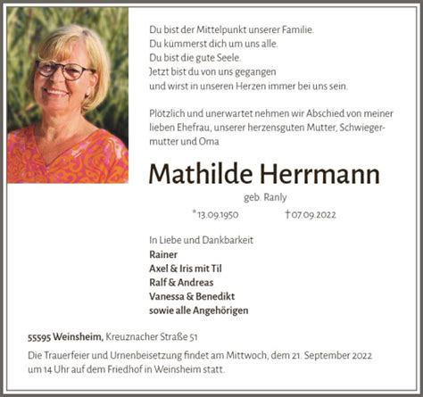 Traueranzeigen Von Mathilde Herrmann Vrm Trauer De