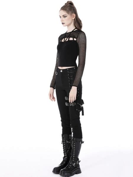 Dark In Love Black Gothic Punk Hollow Out Sexy Long Net Sleeves T Shirt