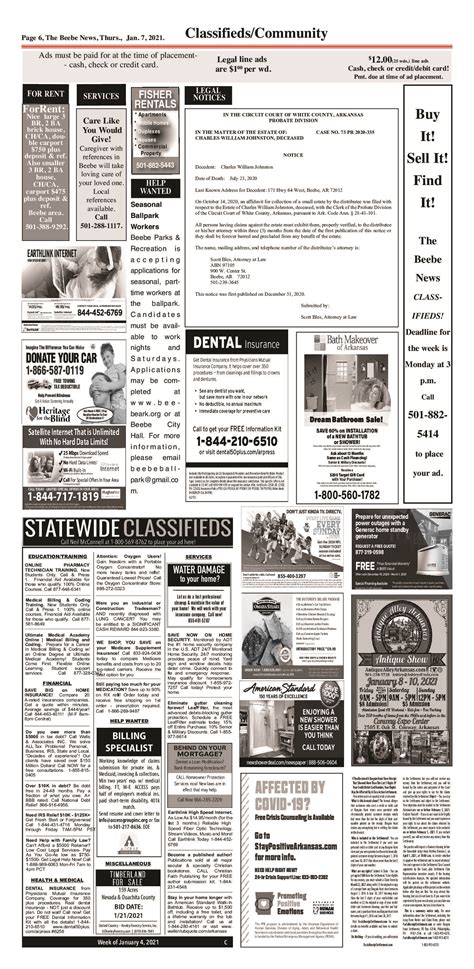 January 7, 2021 Classifieds - Beebe News