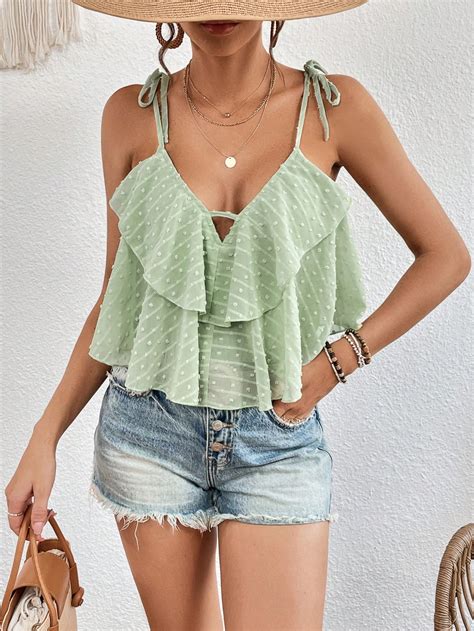 Shein Vcay Swiss Dot Ruffle Trim Tie Shoulder Cami Top Shein Usa