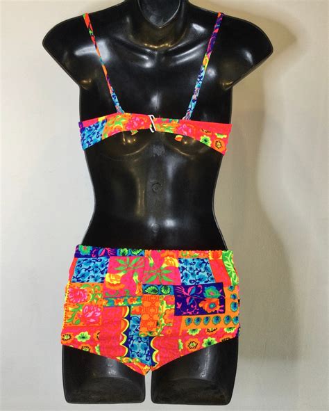 1960s Neon Day Glo Floral Print Two Piece Bikini Swimsuit Set Etsy Uk