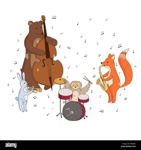 Cute Forest Animals Playing Musical Instruments Music Group Jazz Band