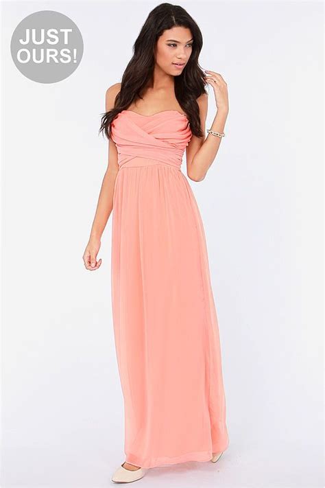 Lulus Exclusive Slow Dance Strapless Bright Peach Maxi Dress At Dark Grey Bridesmaid