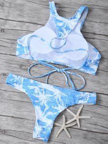 Off Coconut Palm High Neck Bikini Set In Blue And White Zaful