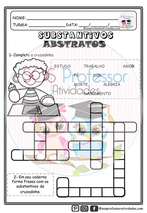 Substantivos Abstratos Cruzadinha Sos Professor Atividades Cruzadinha