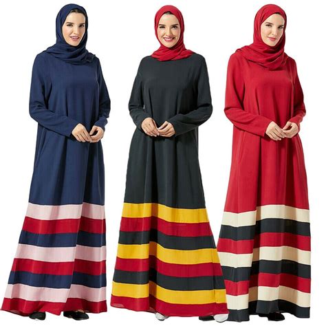 Moda Kaftan Abaya müslüman kadınlar şerit Patchwork uzun kollu Maxi