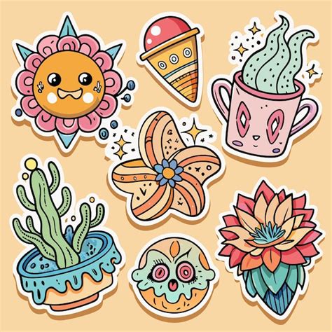 Adhesivos De Dibujos Animados Coloridos Con Dulces Florales Y Elementos