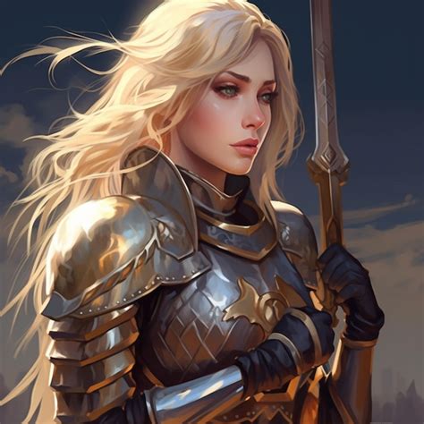 Premium Ai Image Blond Haired Woman In Armor Holding A Sword And A