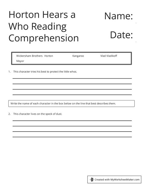 Horton Hears A Who Reading Comprehension My Worksheet Maker Create