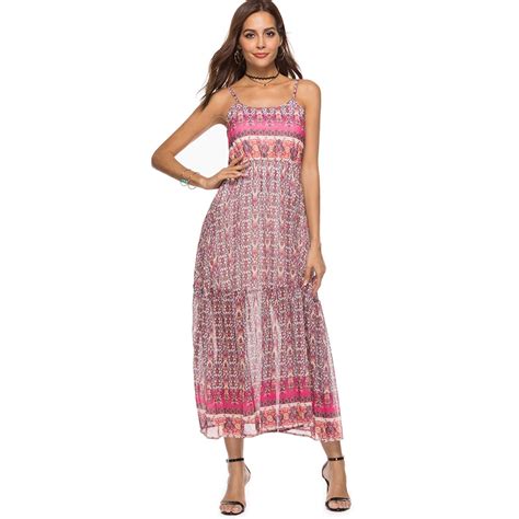 Boho Style Long Dress Women Geometric Print Spaghetti Strap Chiffon