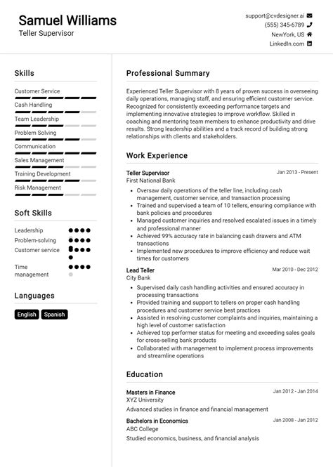 Teller Supervisor Resume Example For 2024 Professional Cv Templates Cvdesignerai