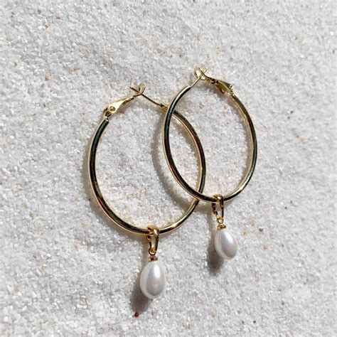 Pearl Hoop Earrings Gold Hoops Gold Hoops Earrings 14k Etsy