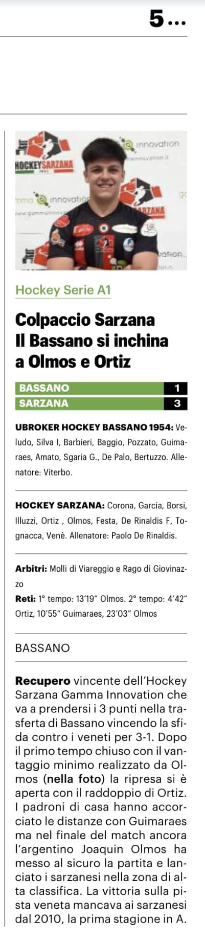 La Nazione 10 Novembre 2023 Hockey Sarzana