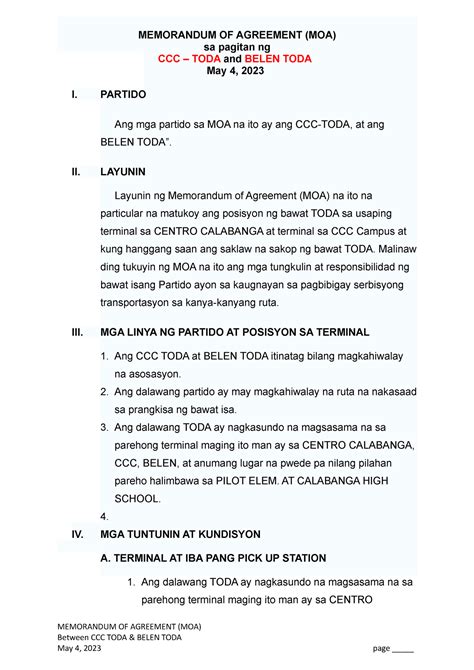 Memorandum OF Agreement MEMORANDUM OF AGREEMENT MOA Sa Pagitan Ng