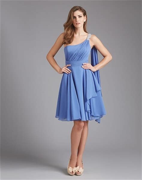 A Line One Shoulder Short Blue Chiffon Ruched Wedding Guest Bridesmaid