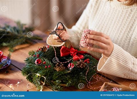 Woman Making Fir Christmas Wreath At Home Stock Photo Image Of