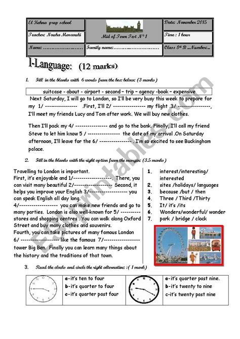 Mid Of Term Test N Th Form Esl Worksheet By Salma Reading