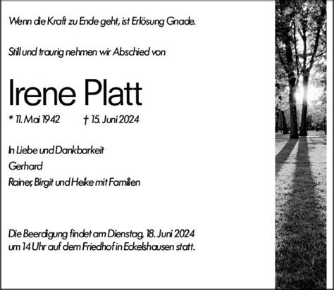 Traueranzeigen Von Irene Platt Vrm Trauer De