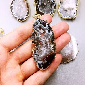 Natural Large Geode Agate Slice Pendant Druzy With Gold Electroplated