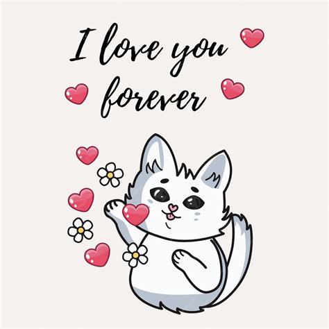 Premium Vector Cute Cat Shows His Hand At Hearts And Flowers Text I