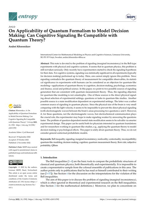 Pdf On Applicability Of Quantum Formalism To Model Decision Making