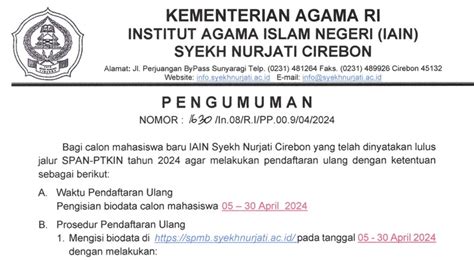 Pengumuman Bagi Calon Mahasiswa Baru LAlN Syekh Nurjati Cirebon Yang