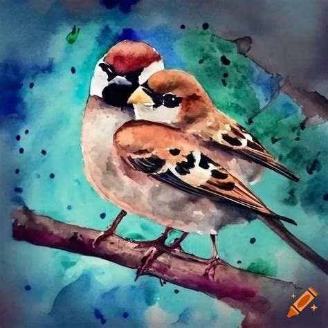 Watercolor Two Beautiful Sparrows Expressive Close Up Daylight