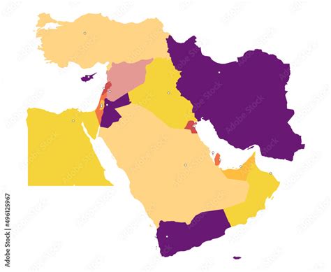 Middle East Vector Map With Capitals Mapped Optionally Middle East Map Yellow Violet Colors