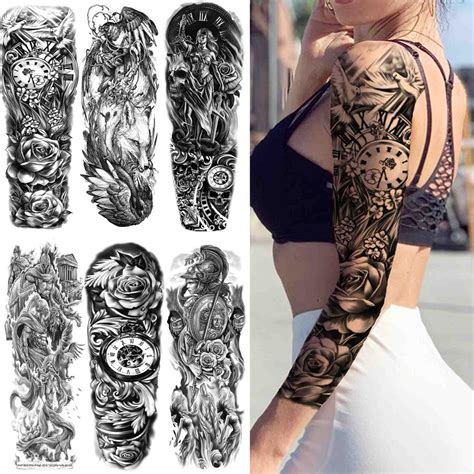 3D Uhr Blume Voller Arm Temporäre Tattoos Für Frauen Männer Schwarz