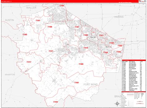 Fort Bend County, TX Zip Code Wall Map Red Line Style by MarketMAPS