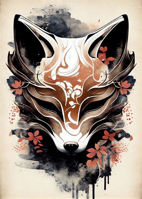 Kitsune Fox Mask Ink Wash Poster By Mcmtdesigns Displate In 2023 Japanese Tattoo Art Fox