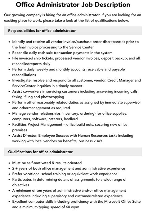 Office Administrator Job Description Velvet Jobs