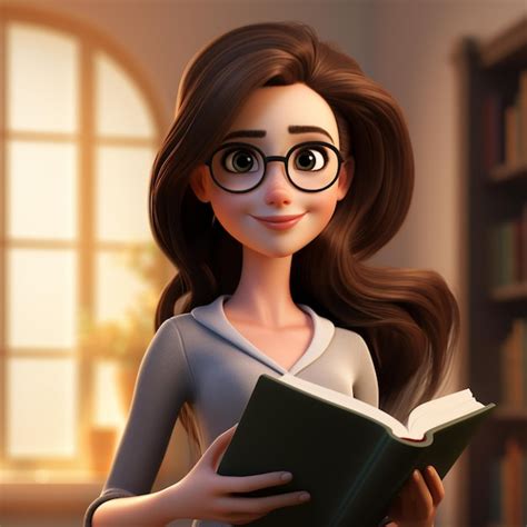 Chica De Dibujos Animados Con Gafas Leyendo Un Libro En Una Biblioteca