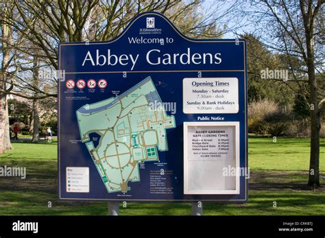 A park display board showing a map of the Abbey Gardens at Bury St.Edmunds in Suffolk, Britain ...