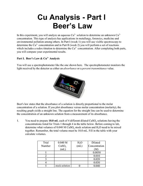 Cu Analysis Beers Law Solution Cu Analysis Part I Beers Law In This Experiment You Will