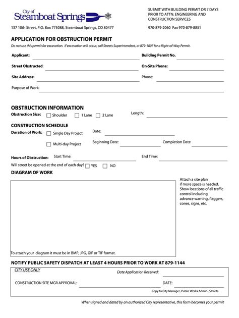 Fillable Online Steamboatsprings APPLICATION FOR OBSTRUCTION PERMIT Fax